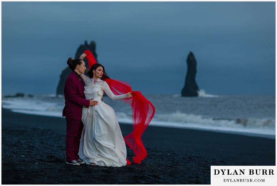 lgtbq iceland elopement wedding Reynisfjara beach Reynisdrangar in background