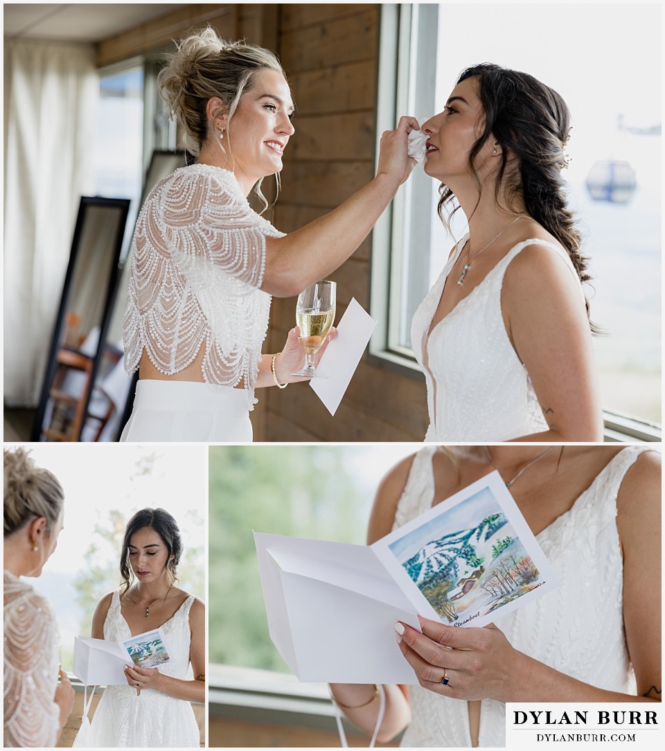 lgbtq wedding thunderhead lodge steamboat wedding first look with brides