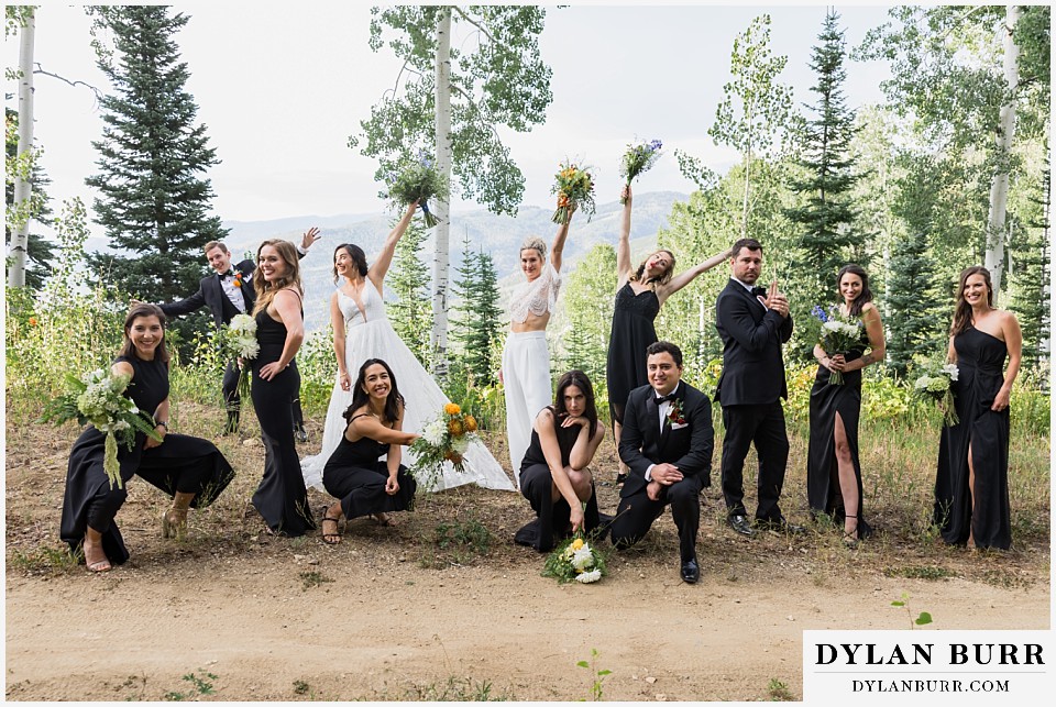 lgbtq wedding thunderhead lodge steamboat wedding fun bridal party photos