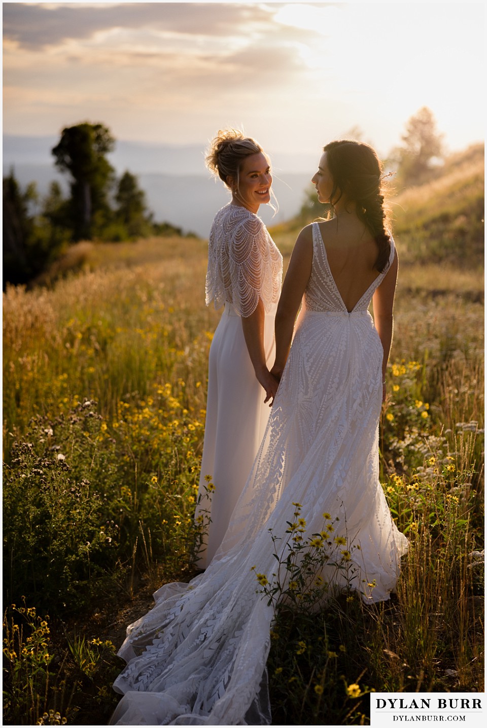 lgbtq wedding thunderhead lodge steamboat wedding newlywed brides at sunset