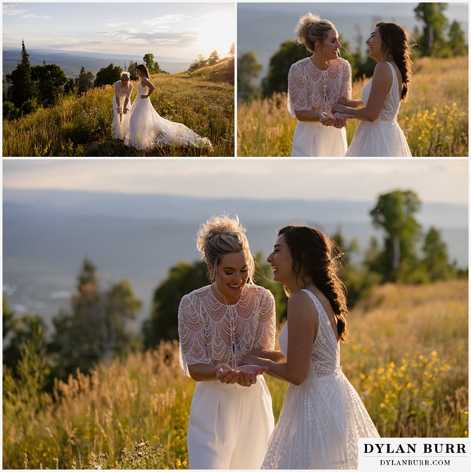 lgbtq wedding thunderhead lodge steamboat wedding brides being silly together at sunset