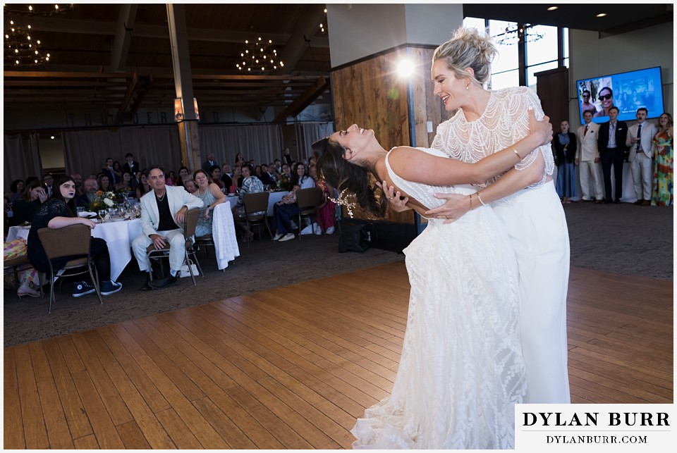 lgbtq wedding thunderhead lodge steamboat wedding brides first dance together