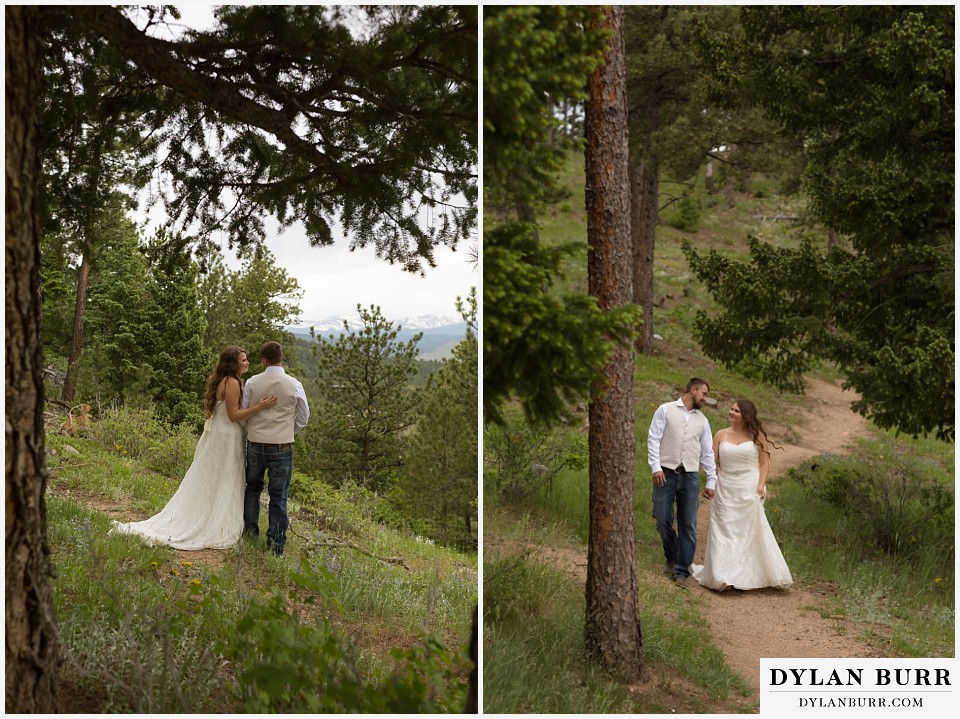 lost gulch overlook elopement wedding boulder co walking on trail in pine trees