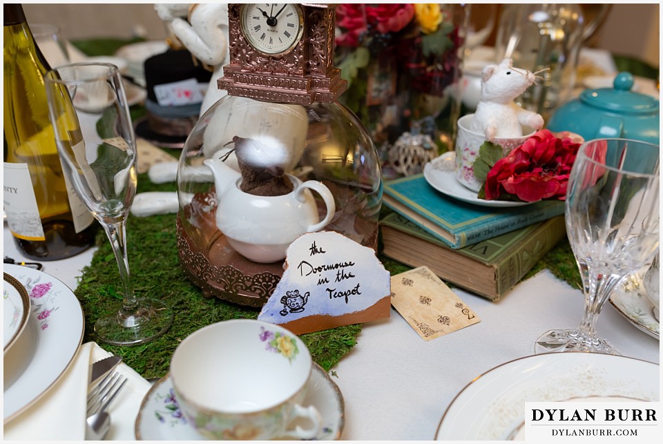 maroon bells wedding aspen colorado mountain wedding alice in wonderland theme dormouse in the teapot