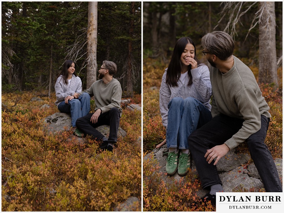 marriage proposal at brainard lake recreation area couple surrounded by fall colors on ground cover
