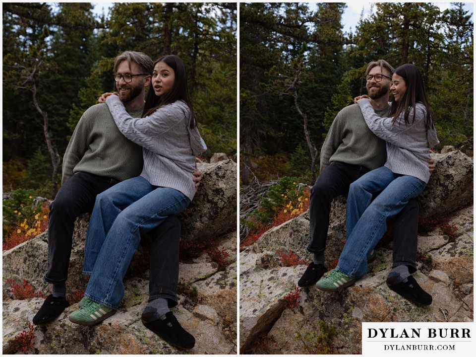 marriage proposal at brainard lake recreation area couple laughing together