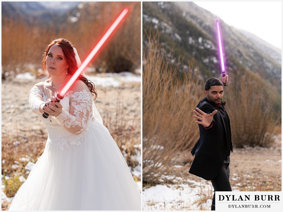 bride and groom action poses with lightsabers
