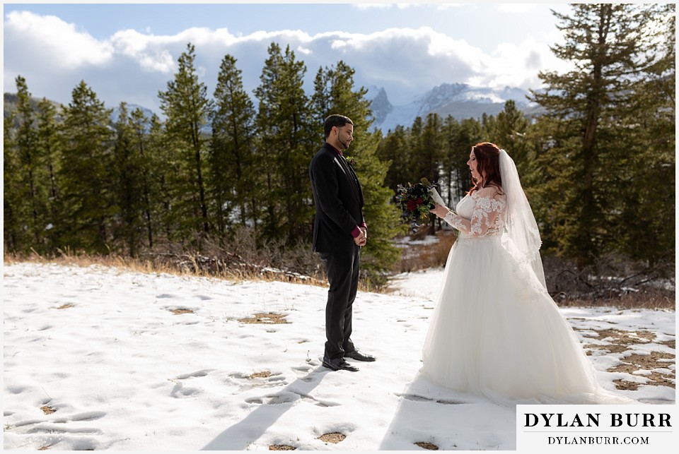 bride and groom sharing vows on mountain top