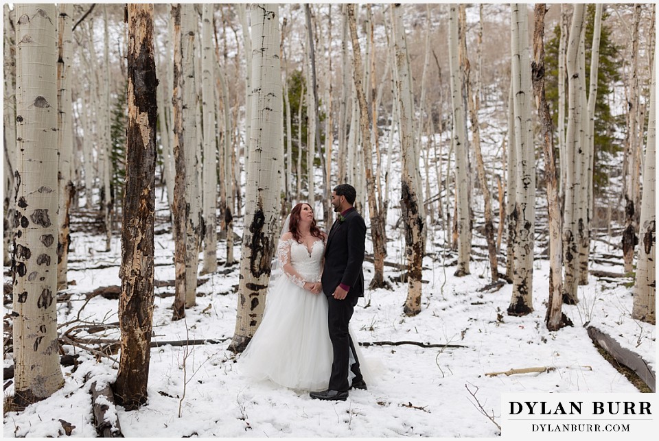 couple standing together in winter in the aspen trees