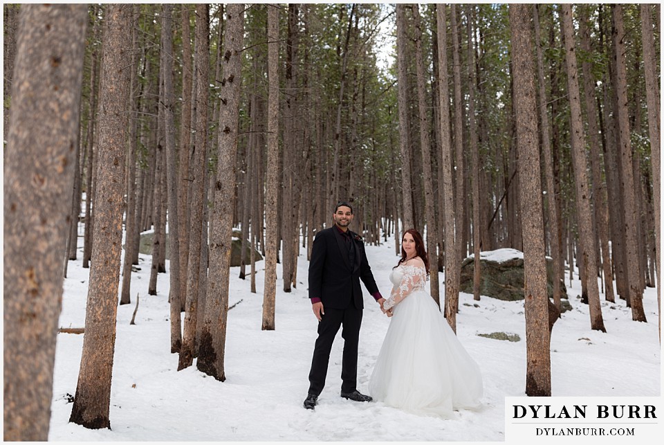 newlywed couple standing together in lodgepole pine trees
