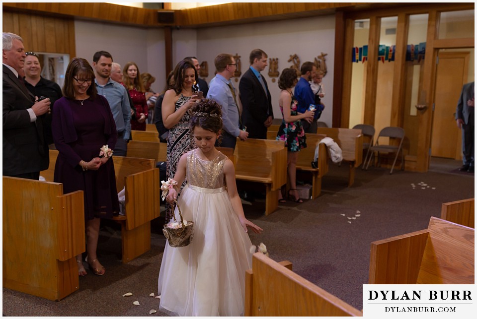 mother cabrini shrine wedding golden colorado flower girl coming down aisle