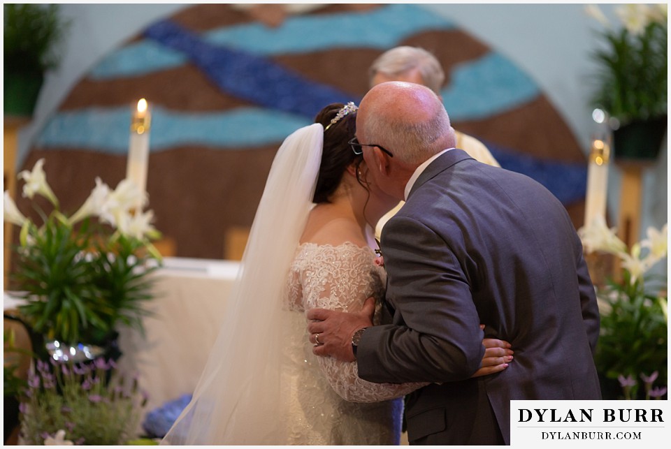 mother cabrini shrine wedding golden colorado father of the bride kissing