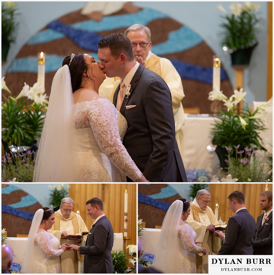 mother cabrini shrine wedding golden colorado bride and groom first kiss