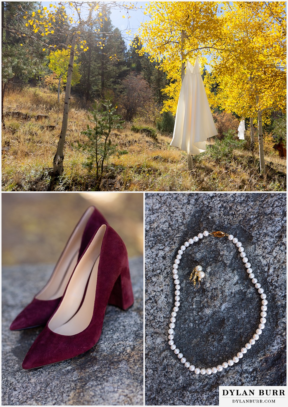 wedding dress in fall aspen trees