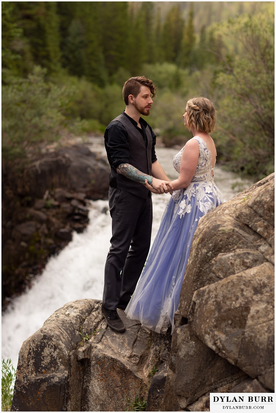 mountain adventure elopement wedding colorado groom stating his vows to his bride