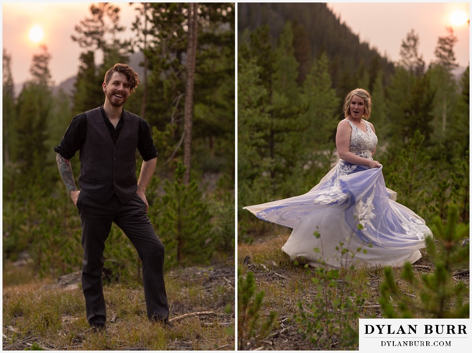 mountain adventure elopement wedding colorado bride and groom dancing for each other