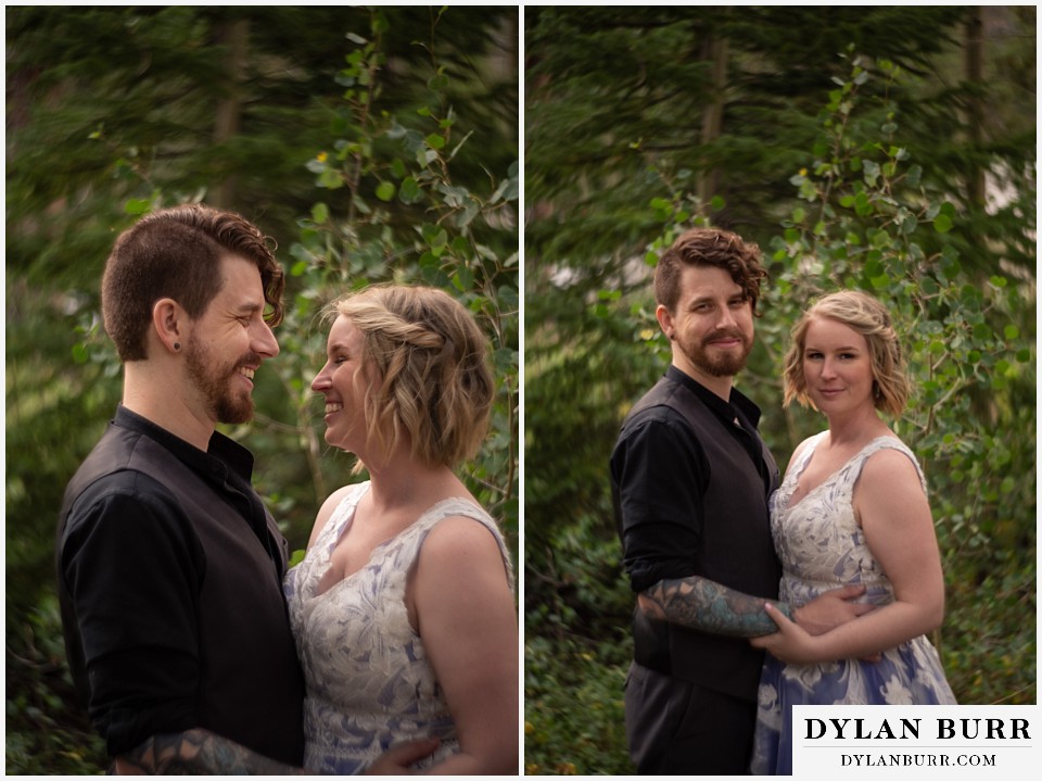 mountain adventure elopement wedding colorado bride and groom looking at camera with petzval lens