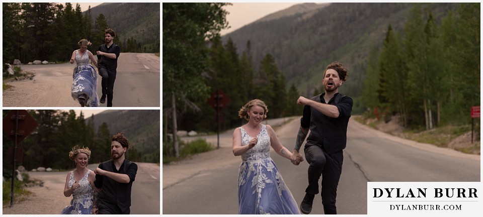 mountain adventure elopement wedding colorado bride and groom skipping together down road