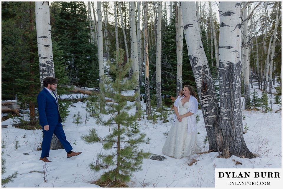 November elopement wedding in rocky mountain national park couple with aspen trees and in the snow
