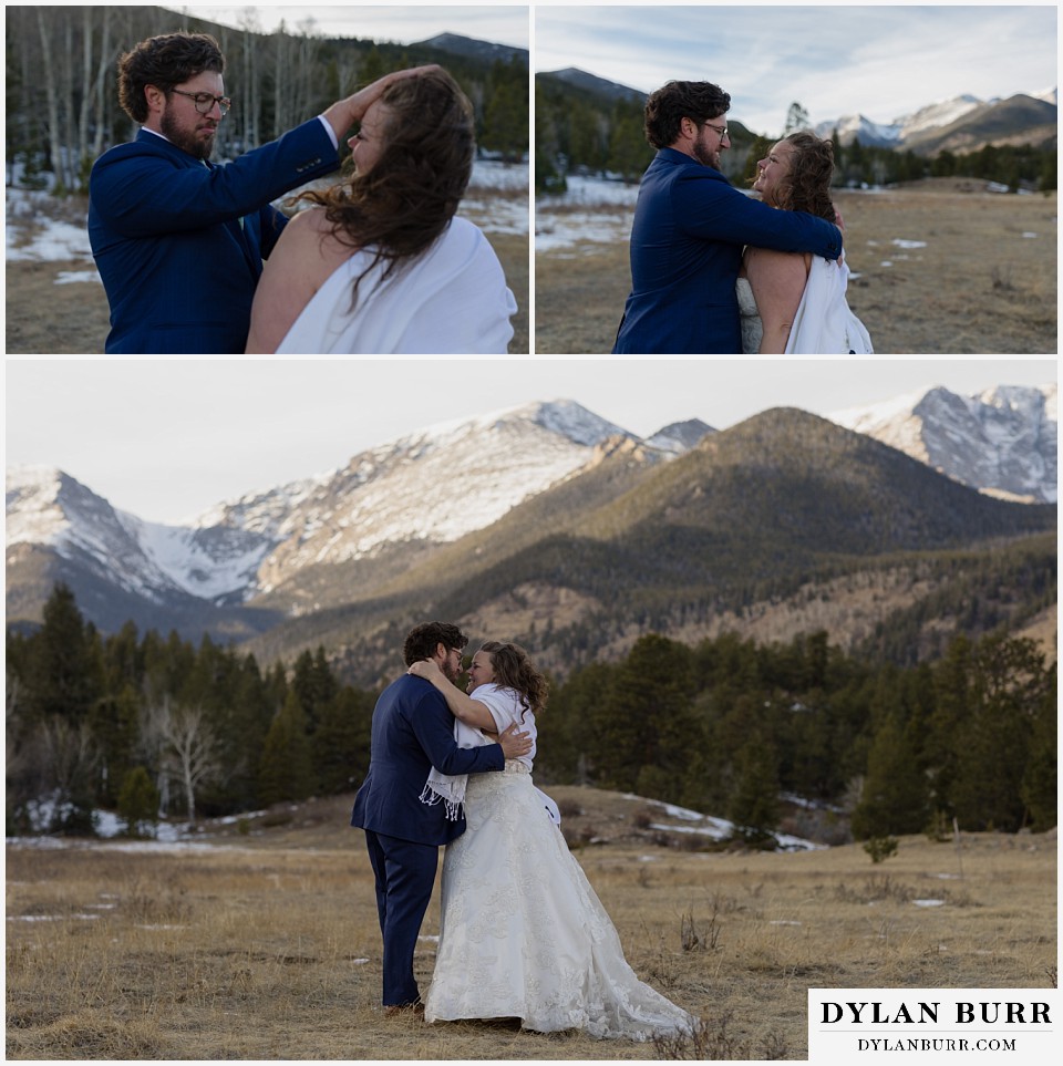 November elopement wedding in rocky mountain national park couple with giant mountains in the background