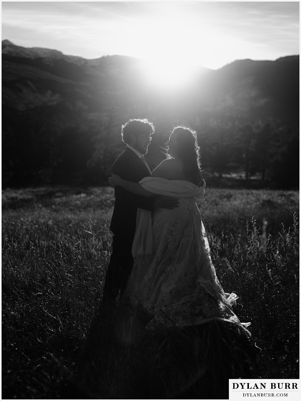 November elopement wedding in rocky mountain national park black and white portrait together at sunset
