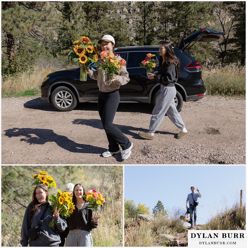 poudre canyon marriage proposal friends helping with flowers