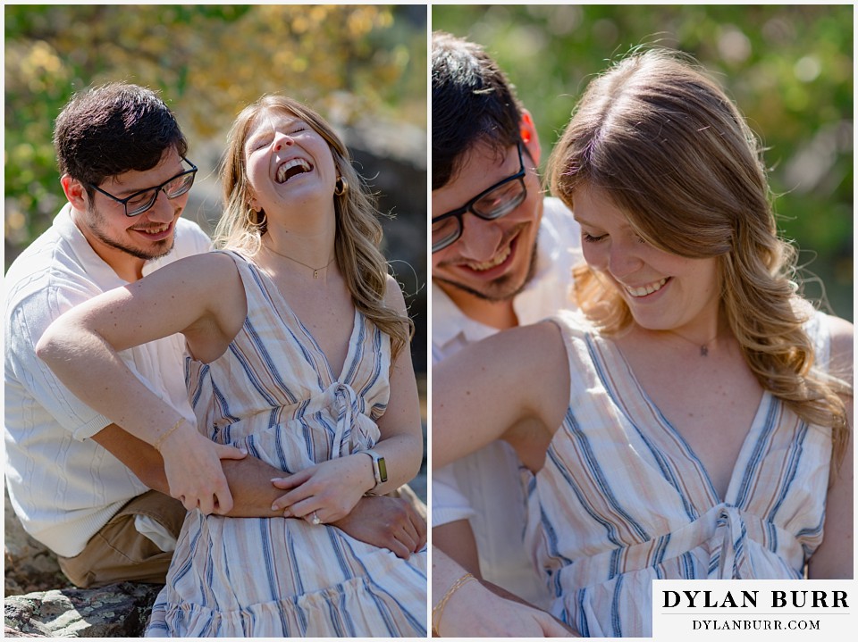 poudre canyon marriage proposal lauging together on a rock