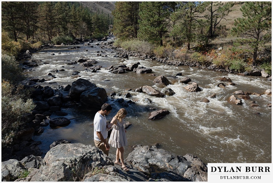 poudre canyon marriage proposal walking with large river view