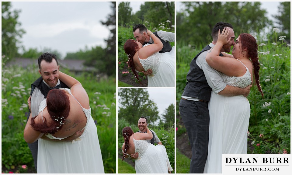 hudson gardens wedding couple kissing in the rain
