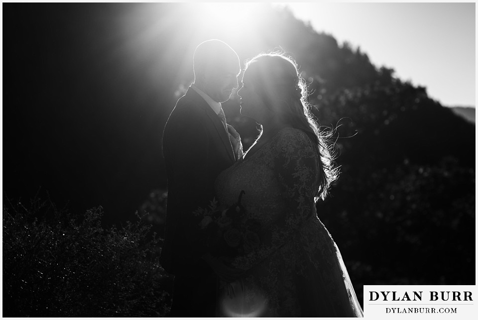 red rocks trading post wedding black and white photos at sunset