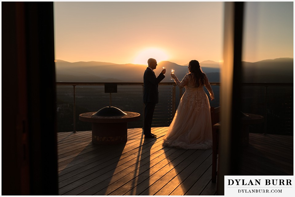 red rocks trading post wedding champagne toast at sunset