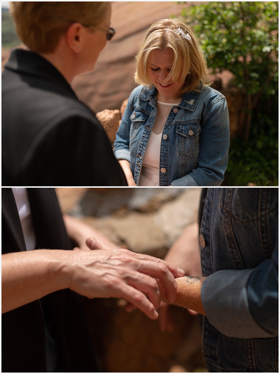 red rocks wedding morrison colorado lesbian couple taking a calm moment to appreciate each other