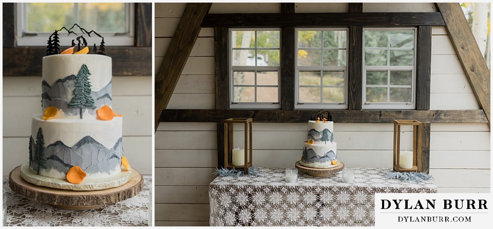 rhize weddings colorado wedding cake with yellow aspen leaves