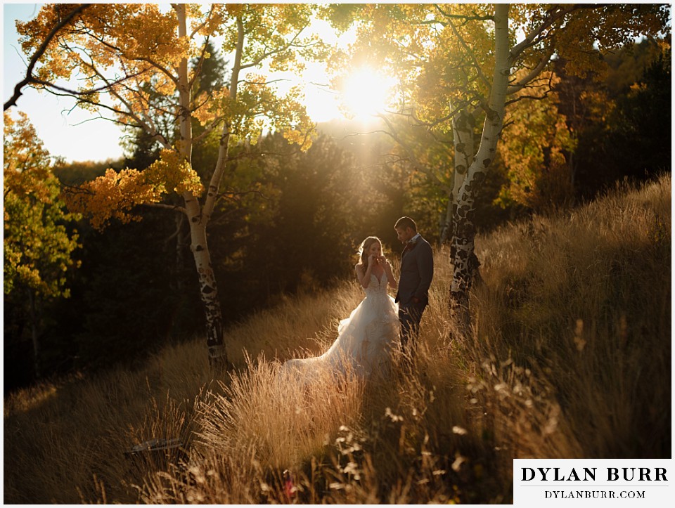 rhize weddings colorado bride and groom fall wedding standing in tall grass near an aspen tree
