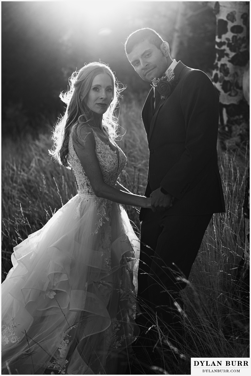 rhize weddings colorado black and white of couple at sunset in tall grass