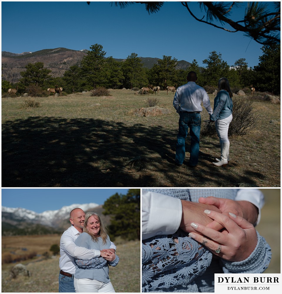 newlywed couple with elk in background