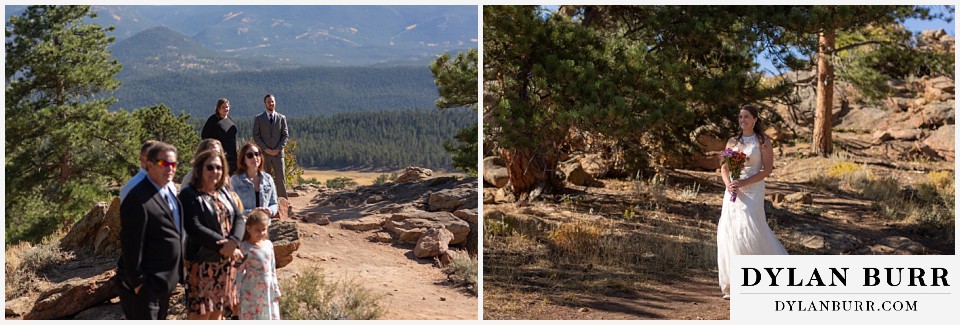 rocky mountain national park elopement wedding bride walks down hill to her groom