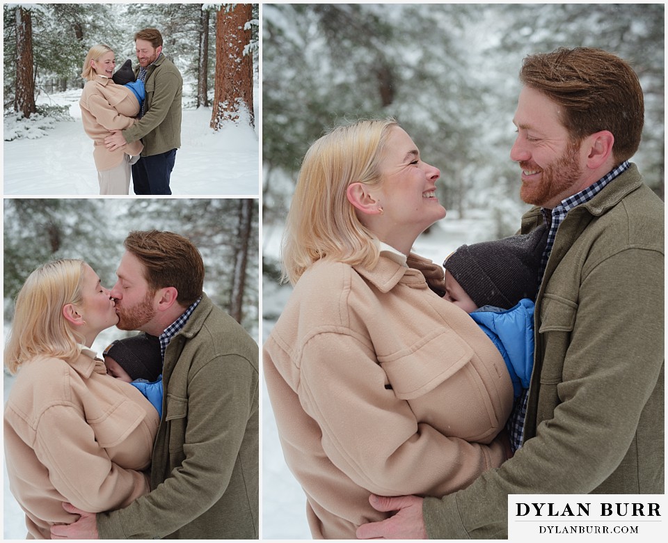 wedding proposal engagement session cuddling in the snow and the trees