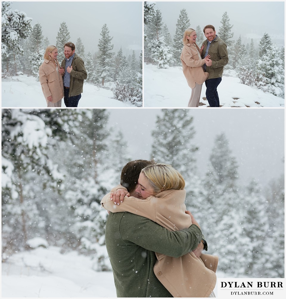 wedding proposal hugging in the falling snow