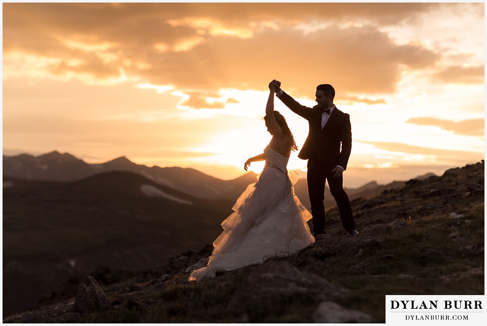 rocky mountain national park elopement adventure wedding dancing at sunset