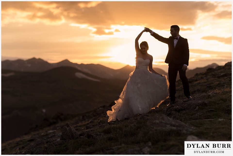 rocky mountain national park elopement adventure wedding dancing during sunset