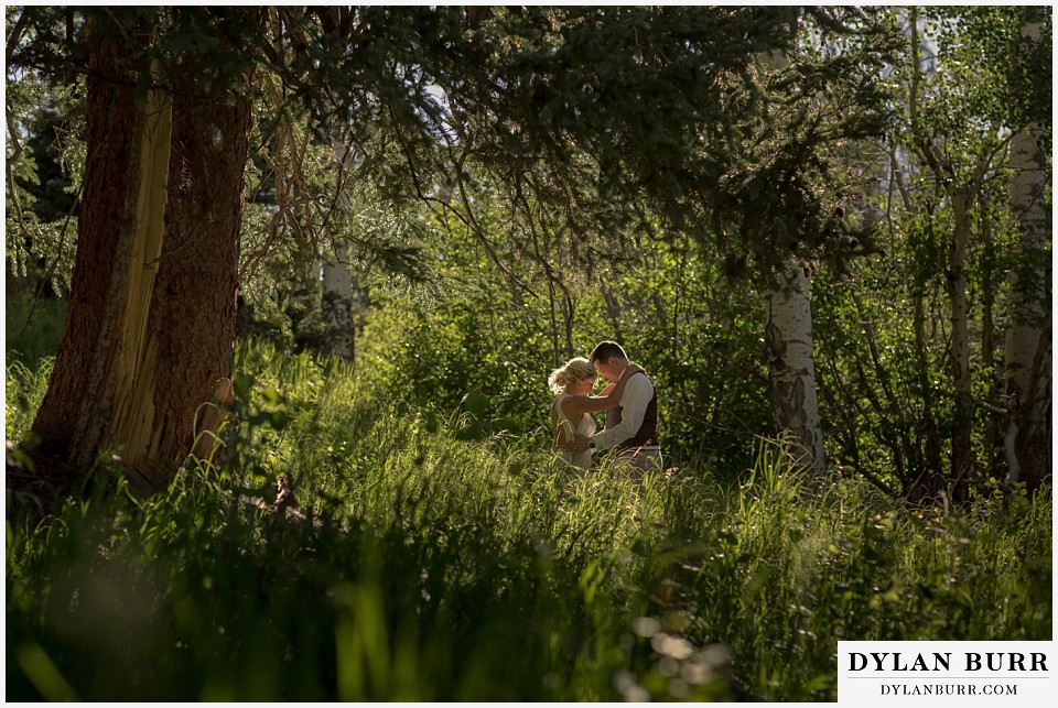 rocky mountain national park wedding elopement resting near aspen trees in tall grass