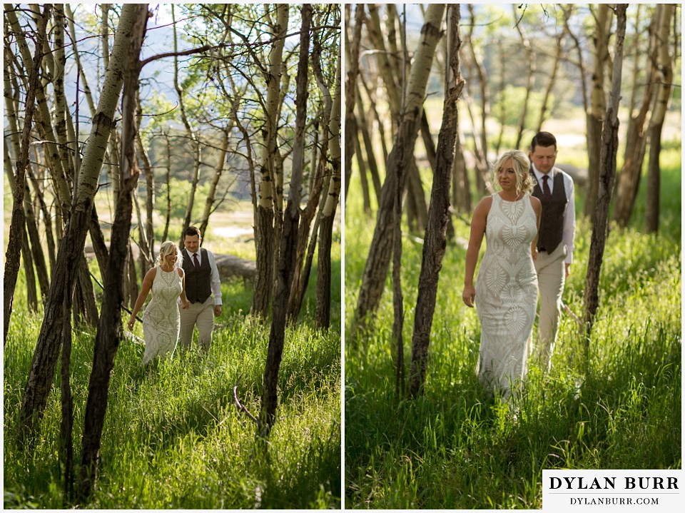 rocky mountain national park wedding elopement bride leading groom through the aspen tree grove