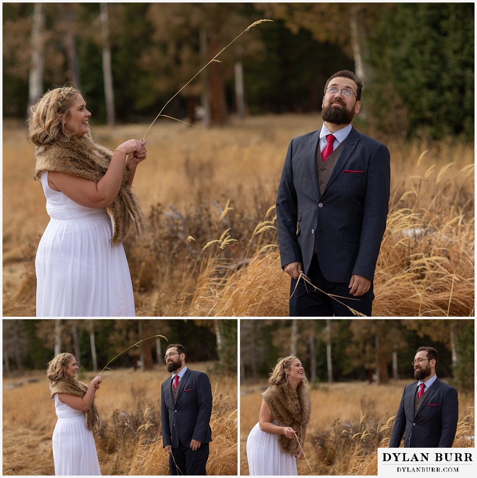 rocky mountain national park wedding elopement bride fishing with a blade of grass and catches groom
