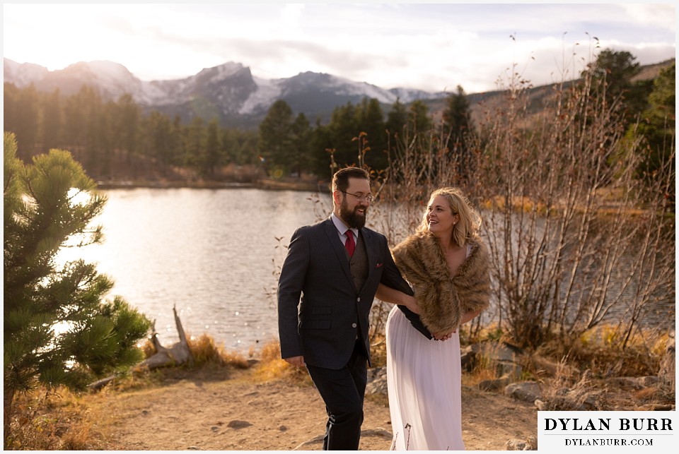 rocky mountain national park wedding elopement bride and groom leaving wedding ceremony