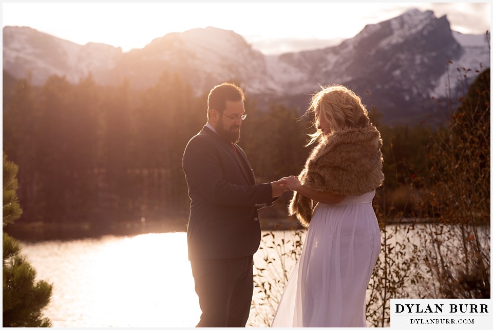 rocky mountain national park wedding elopement bride and groom at sprague lake
