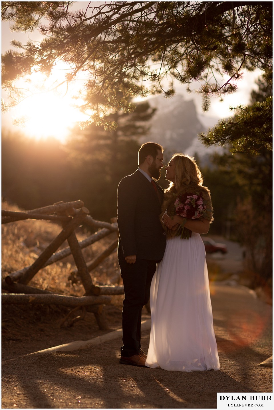 rocky mountain national park wedding elopement bride and groom at sunset in mountain