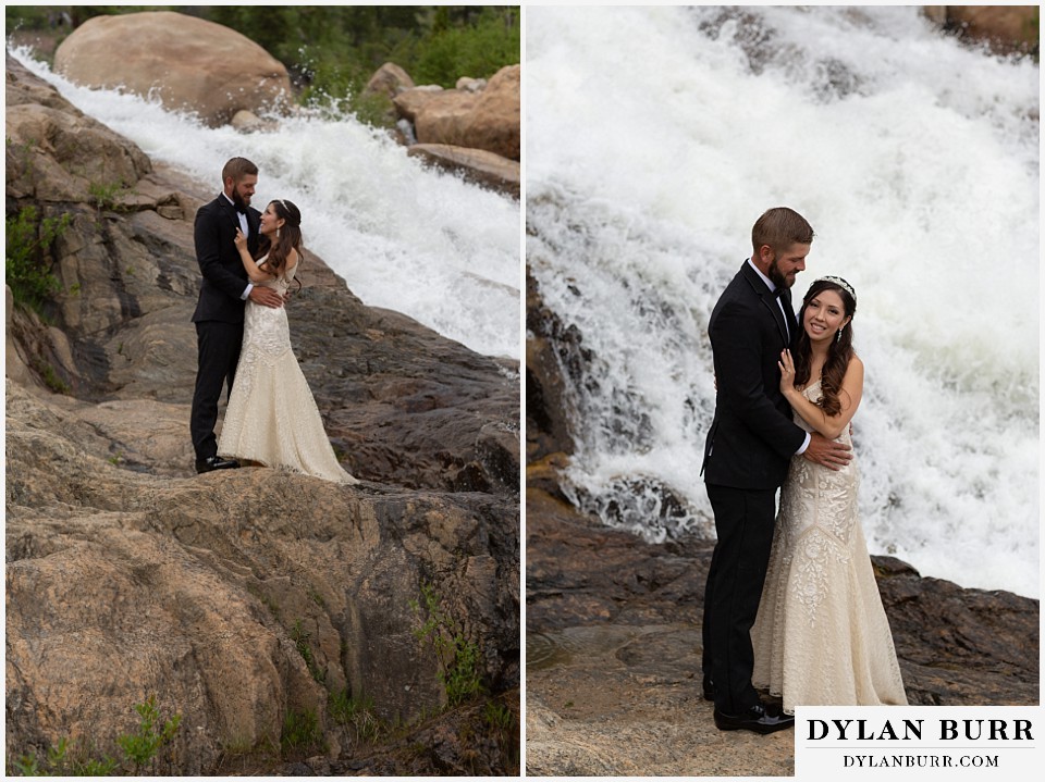 rocky mountain national park wedding elopement colorado wedding photographer dylan burr gorgeous bride and groom waterfall