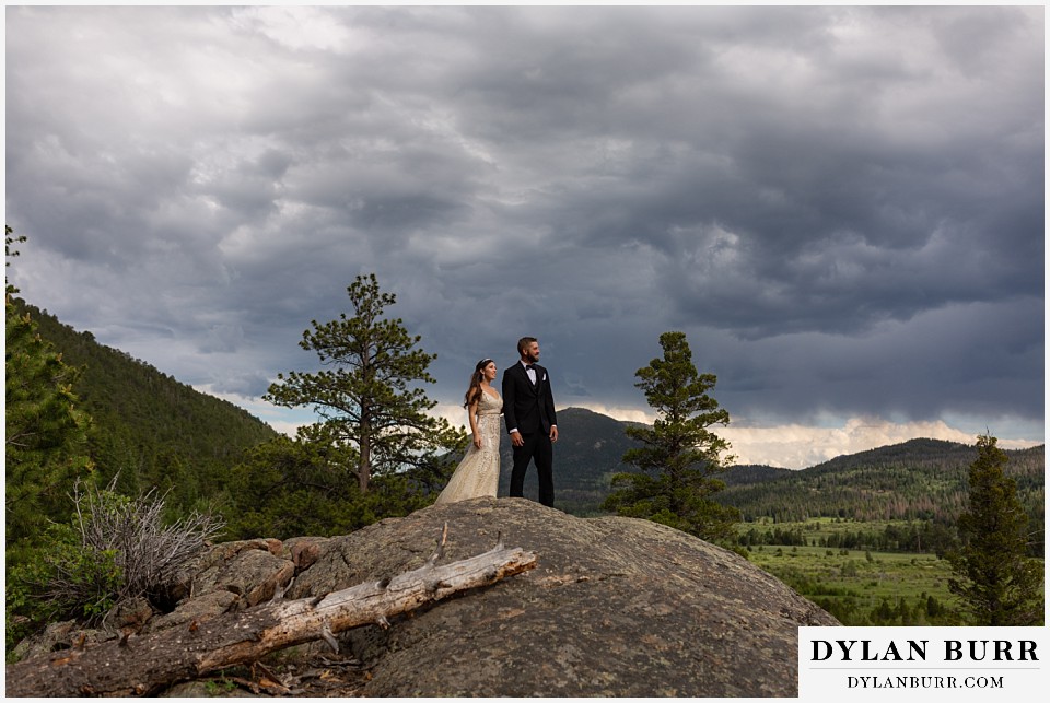 rocky mountain national park wedding elopement colorado wedding photographer dylan burr bride and groom during storm in mountains