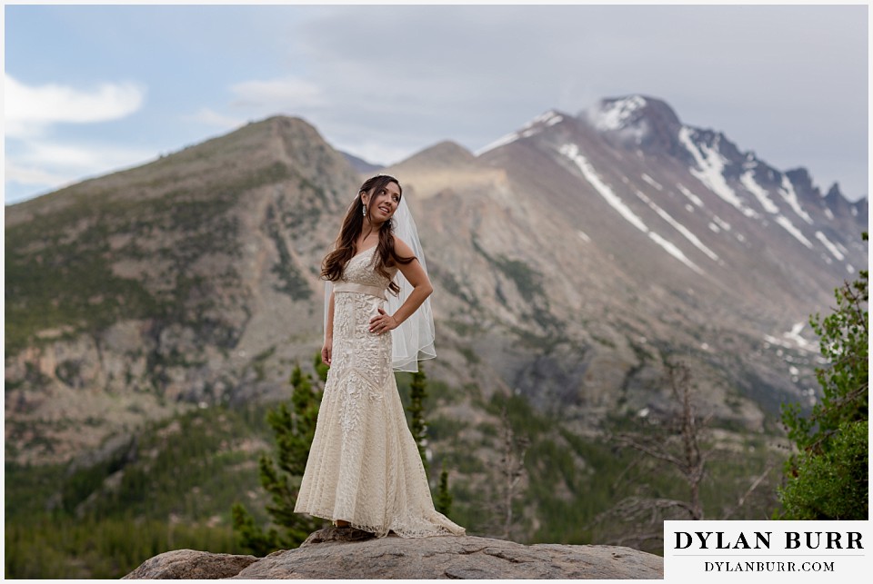 rocky mountain national park wedding elopement colorado wedding photographer dylan burr bride looking back over shoulder